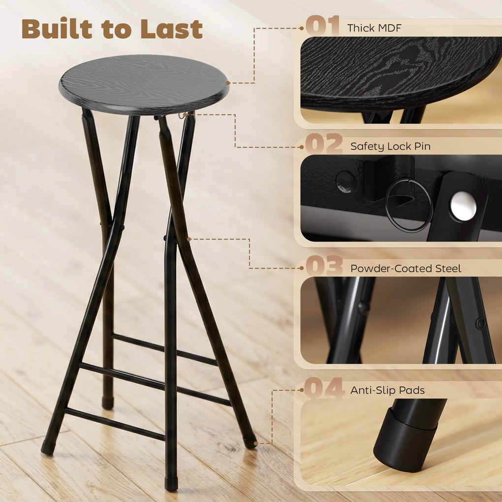 HOMCOM Stołki barowe 2 szt., składane krzesło barowe ze stalową ramą, krzesła kuchenne z podwójnym podnóżkiem 34 x 30 x 70 cm czarne | Aosom PL