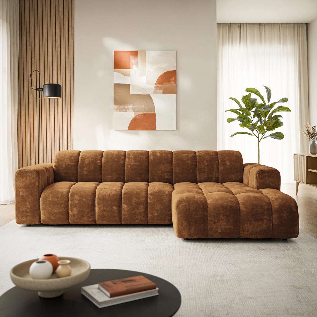 Masseno Narożnik SETIA Prawostronny, L-Kształtny, Nowoczesna Sofa narożna, Tkanina Szenilowa - Jasnobrązowy, LUMO 35