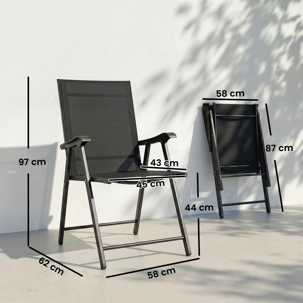 Outsunny Zestaw 2 składanych krzeseł ogrodowych z wysokim oparciem, podłokietnikami, stal, Texteline, 58 x 62 x 97 cm, czarny | Aosom PL