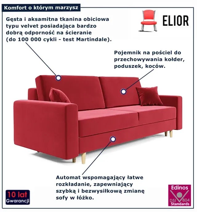 Czerwona rozkładana sofa tapicerowana welurem H2-C20