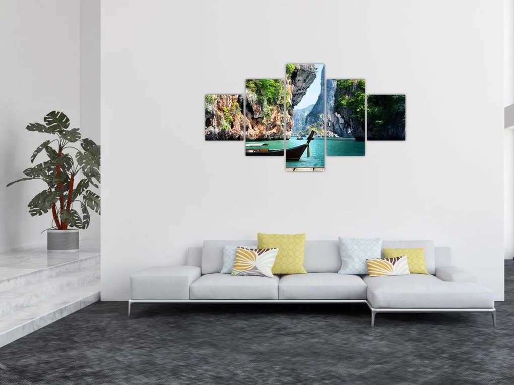Obraz - Wodny śródziemnomorski krajobraz z łodzią (125x70 cm)