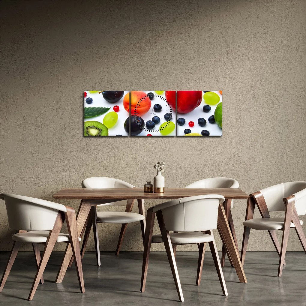 Obraz owoców z kroplami wody (z zegarem) (90x30 cm)