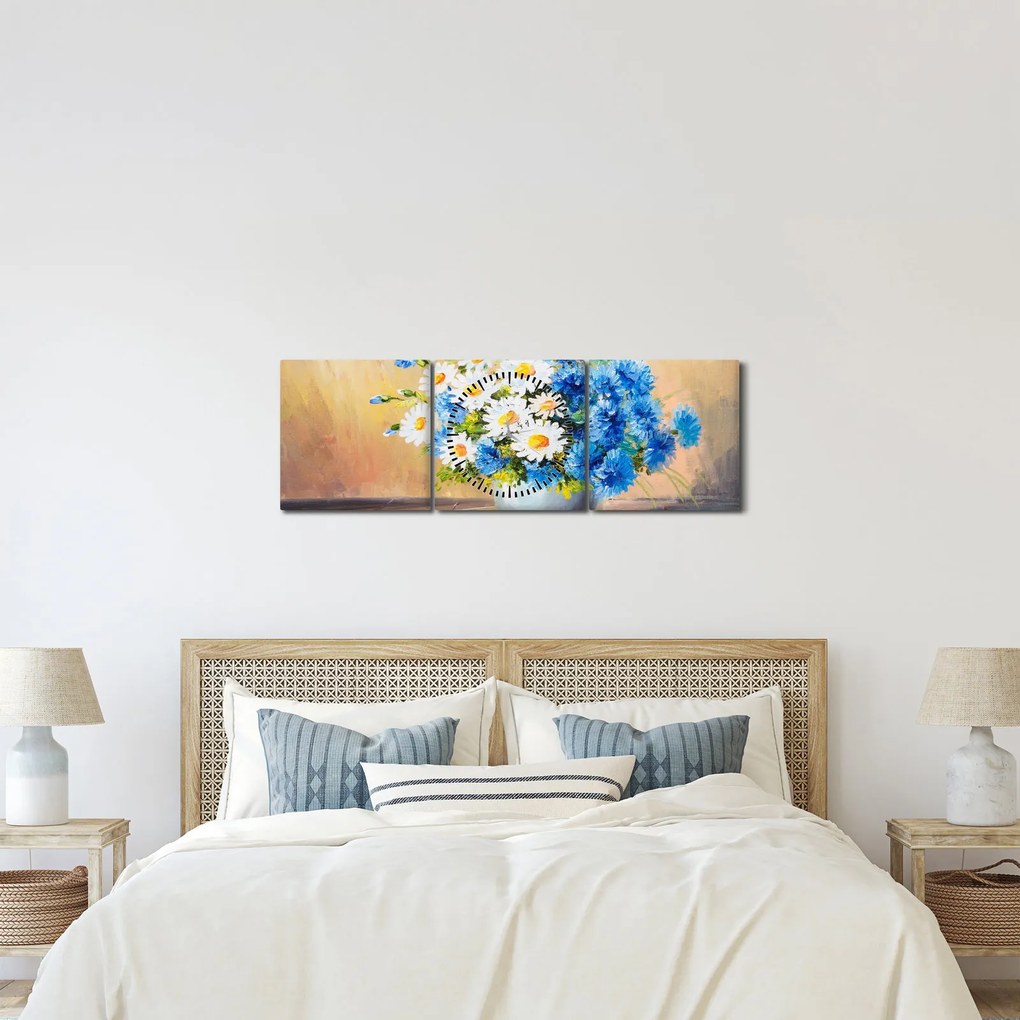 Malowany obraz wazonu z kwiatami (z zegarem) (90x30 cm)