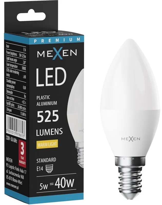 Mexen Nova żarówka LED E14, C37, 5W, Ciepła - 3000K, 525 lm - L102-E14-0530-01