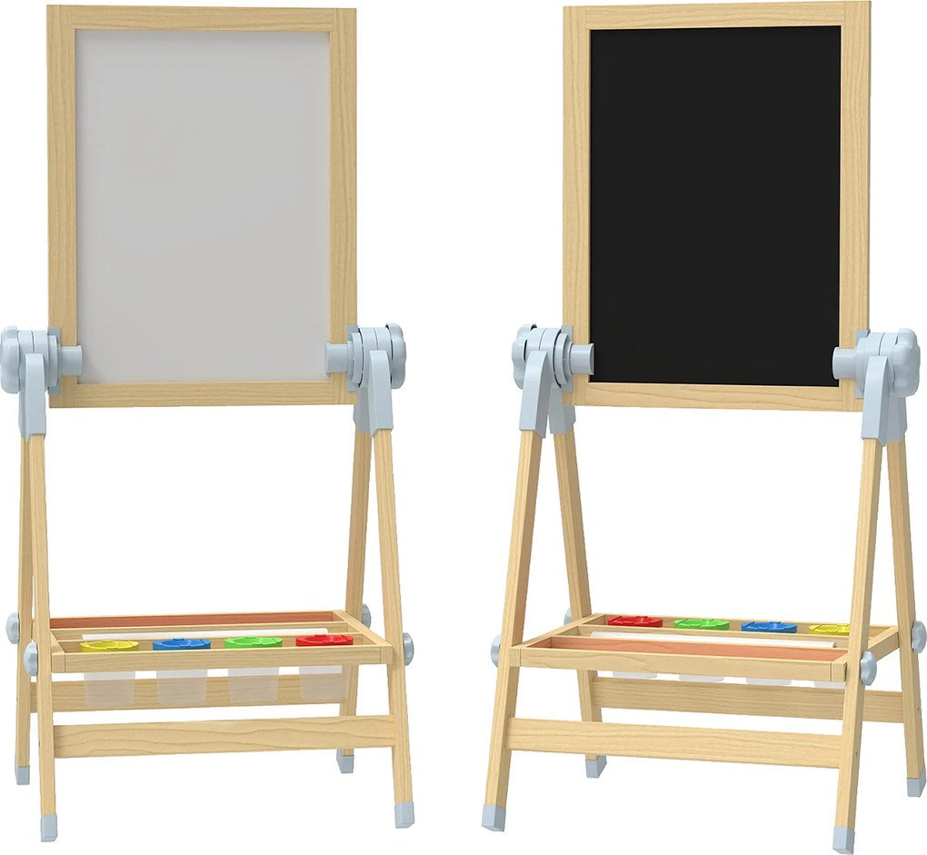 AIYAPLAY Dziecięca sztaluga z drewna, dwustronna tablica suchościeralna i kredowa, regulowana wysokość, stojąca tablica z rolką papieru, półką, naturalny | Aosom PL