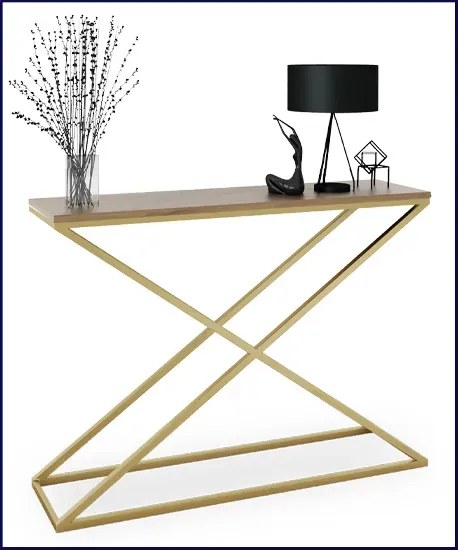 Nowoczesna konsola z metalowym stelażem złoty + dąb lancelot Z9-S64