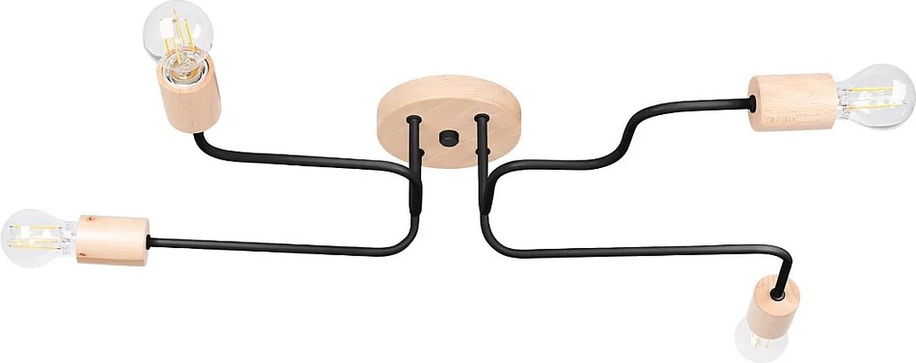 Żyrandol Loft Timbo, Stal/Drewno - 4 Źródło - L.75 X H.16.5 Cm - Czarny/Naturalne Drewno