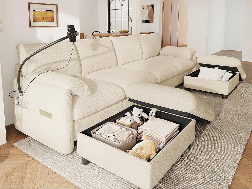 Sofa w kształcie U/L - 6-osobowa - z 2 pufami do przechowywania - z portem USB Type-C - z uchwytem na telefon - tkanina szenilowa - beżowy
