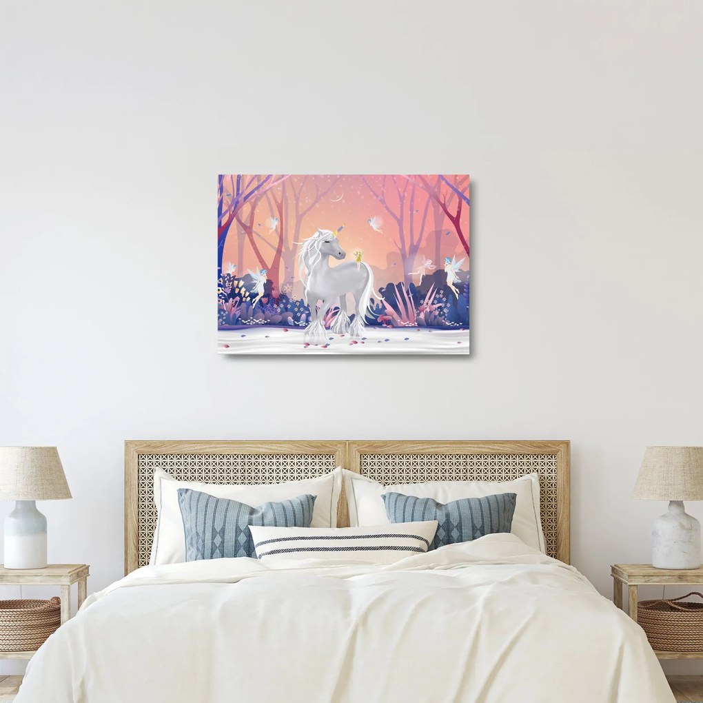 Obraz na szkle - Jednorożec w magicznym lesie (70x50 cm)
