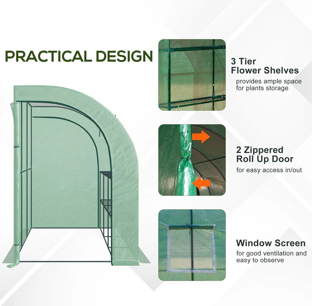 Outsunny Szklarnia ogrodowa z pokrywą z folii, odporna na UV, 3 poziomy, drzwi na zamek błyskawiczny, Zielona