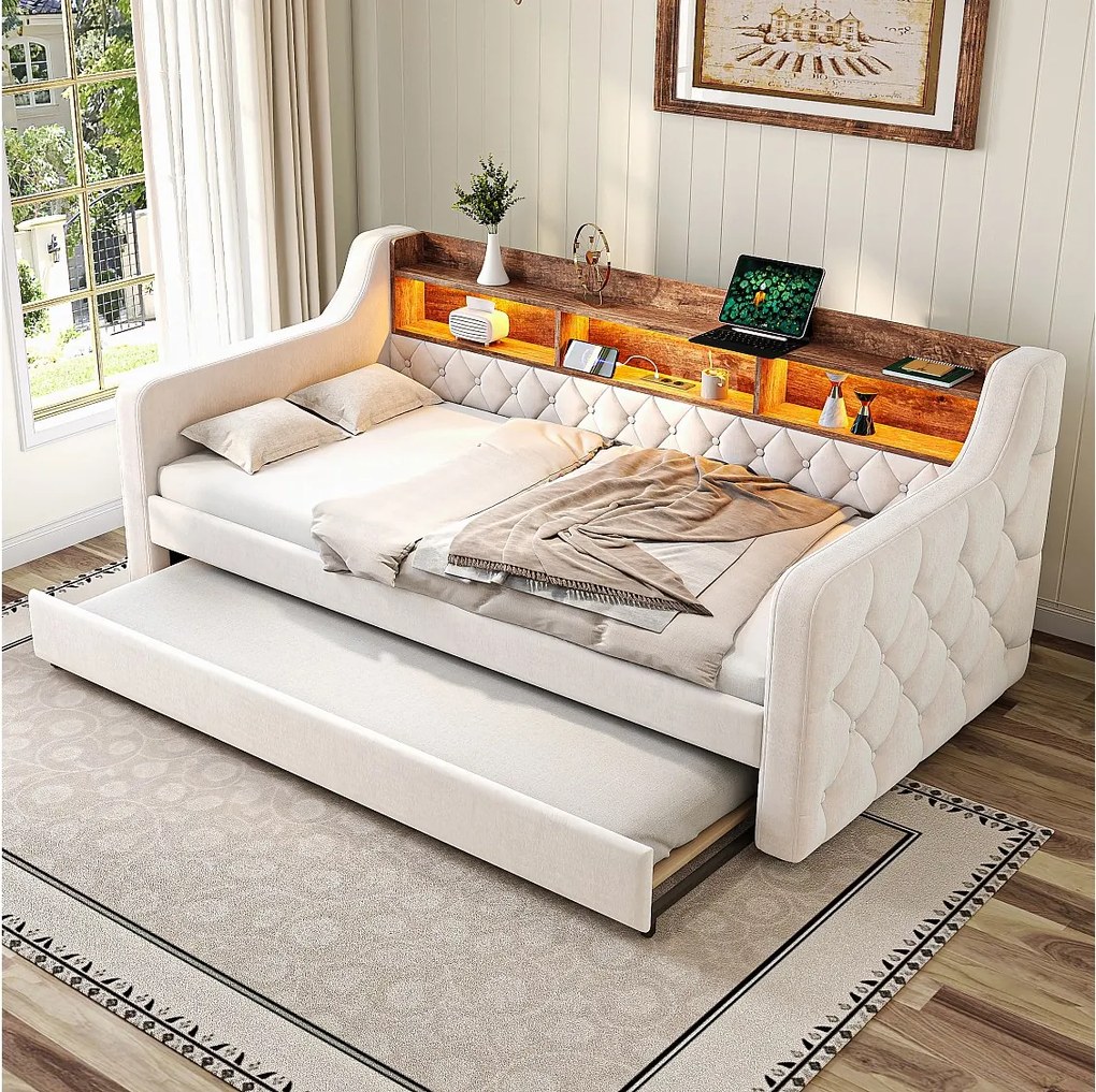 Sofa rozkładana z wysuwanym łóżkiem - 2 x 90 x 190 cm - z półką do przechowywania + diody LED + USB - welur - beżowa