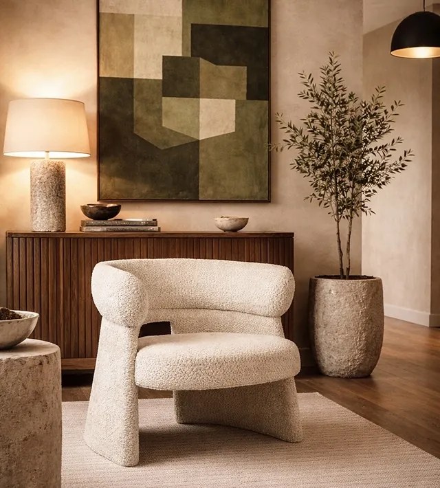 Designerski fotel do salonu Madame, beżowa tkanina szenilowa