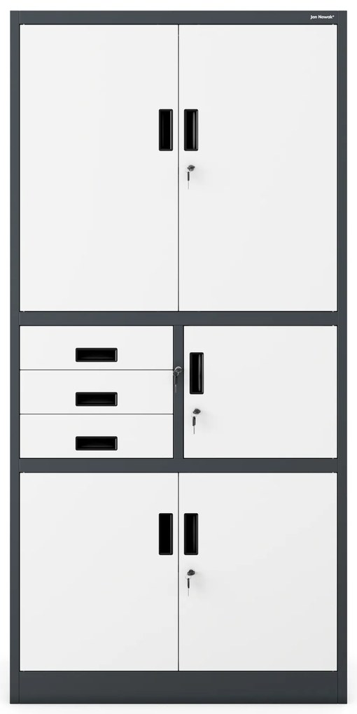 Biurowa szafa metalowa z sejfem na akta i dokumenty FILIP II, 900 x 1850 x 400 mm, antracytowo-biała