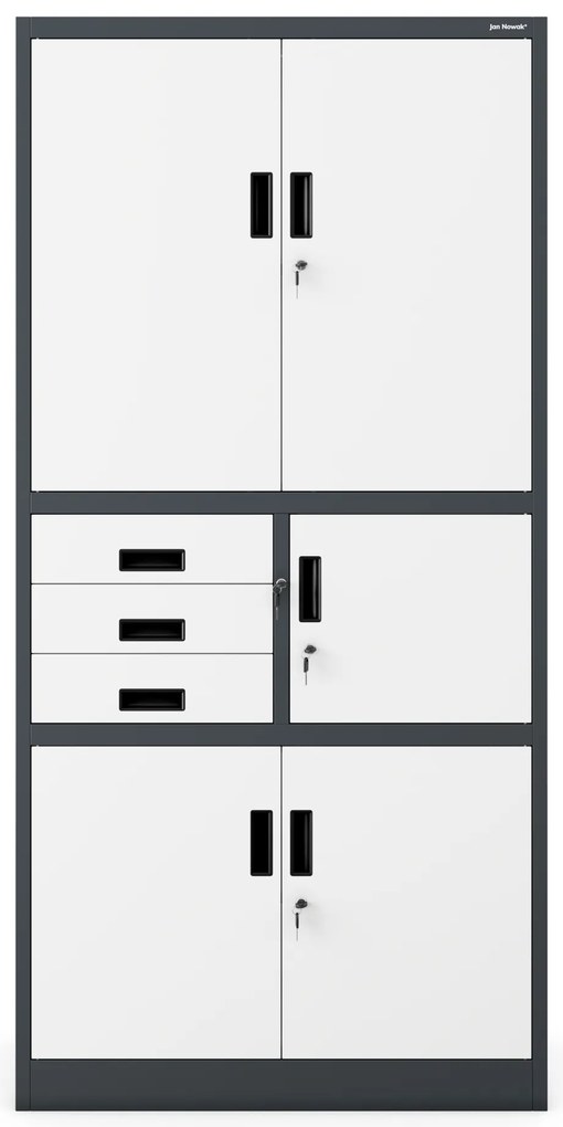 Szafa biurowa metalowa z sejfem i szufladami antracytowo-biała, 900x1850x400 mm: FILIP II