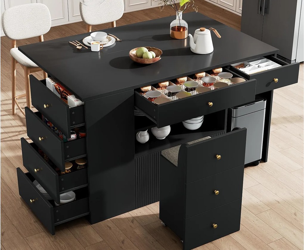 Centralna wyspa kuchenna - Blat rozsuwany - 140x70x89cm - 3 drzwi i 6 szuflad - z taboretami - MDF - Czarny