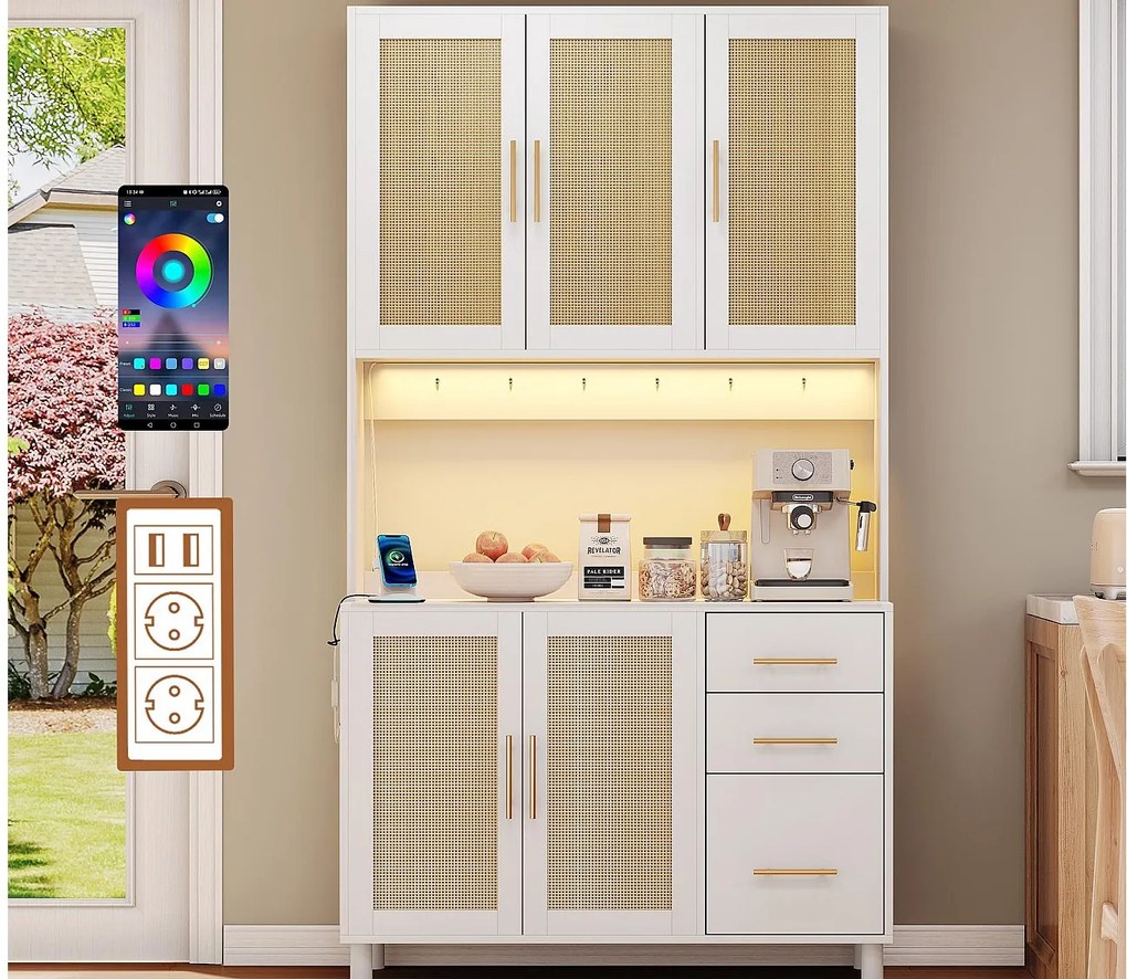 Kredens kuchenny 100×40×183 cm - z USB i gniazdkiem - z oświetleniem LED - 5 drzwi i 3 szuflady - biały+naturalny