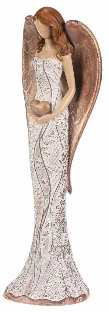 Anioł z poliresinu w sukni w kwiaty Serce, brązowo-miedziany