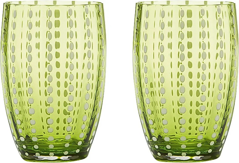 Zafferano Perle Apple Green Glass – szkło kolorowe dmuchane ustami, 32 cl, ręcznie robione – zestaw 2 kieliszków rzemieślniczych do wody lub koktajli