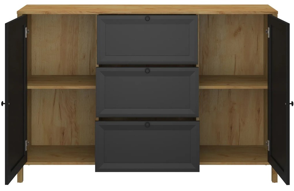 Komoda Dwudrzwiowa z Szufladami Drewniana do Salonu NORIA 150 cm Dąb craft złoty/czarny Loft