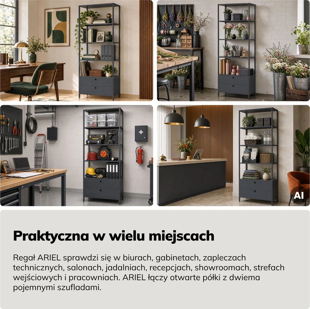 Regał z szufladami do biura, na segregatory i dokumenty, otwarte półki, metalowy, antracytowy, 800x2200x400 mm: ARIEL