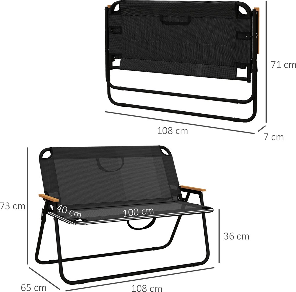 Outsunny Ławka Ogrodowa, Składane Krzesło Kempingowe na 2 Osoby Do 220 kg Czarny, Siatka, 108 x 65 x 73 cm