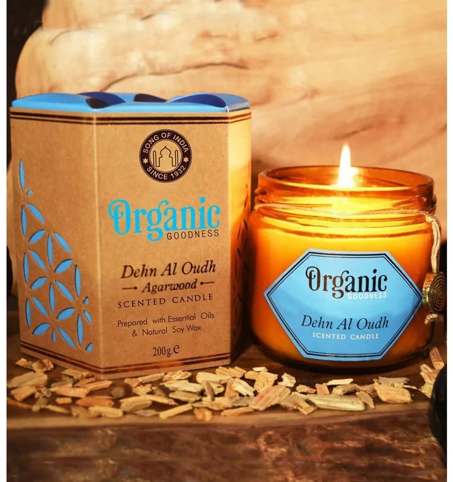 Naturalna sojowa świeca zapachowa Dehn Al Oudh - Agarwood 200 g w bursztynowym szkle