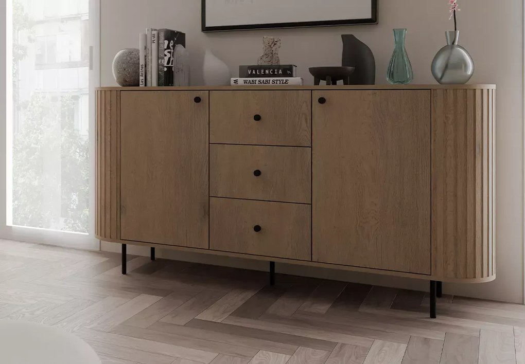 Komoda Opunio 165 cm – nowoczesna komoda z szufladami dąb cremona / beż piaskowy / dąb dunin
