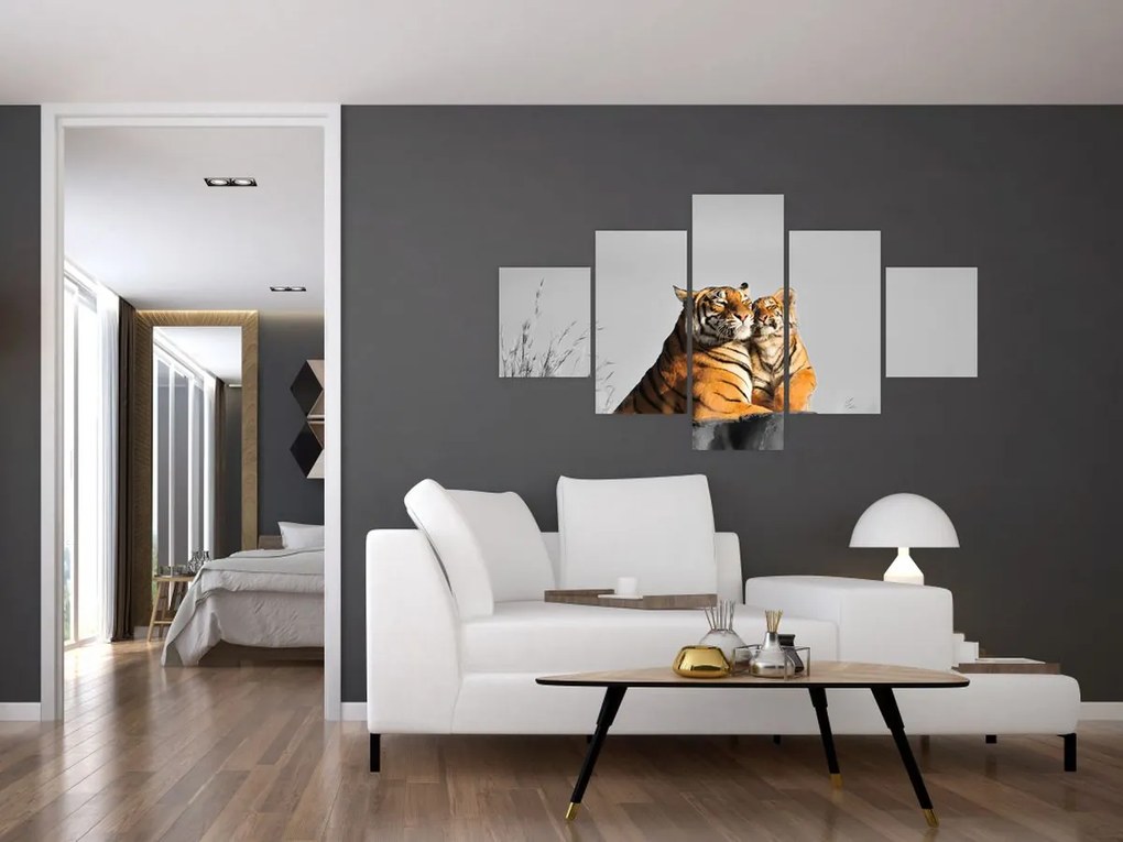 Obraz - Tygrysica i jej młode, wersja czarno - biała (125x70 cm)