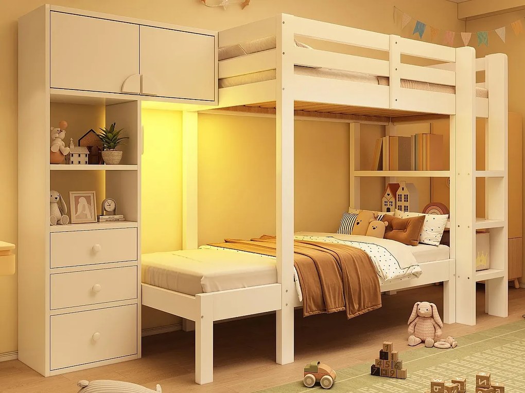 Łóżko piętrowe 90x200cm - z inteligentnym nocnym oświetleniem LED - z szafą i 3 szufladami - z półkami - Drewno lite + MDF - Biały