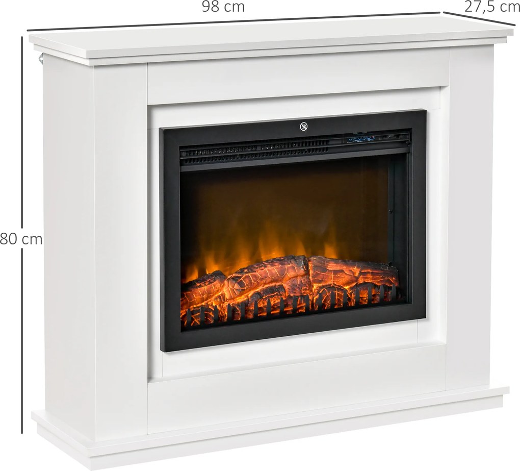 HOMCOM Elektryczny kominek, 3D LED płomienie, pilot, timer, MDF, Biały