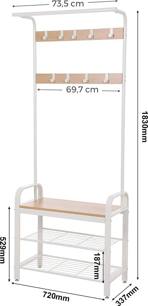 Biały stojak na buty i ubrania Nabul 40W z siedziskiem