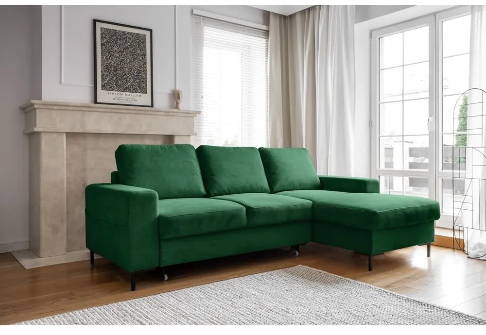 Ciemnozielony sztruksowy rozkładany narożnik (prawostronny) Lofty Lilly – Miuform