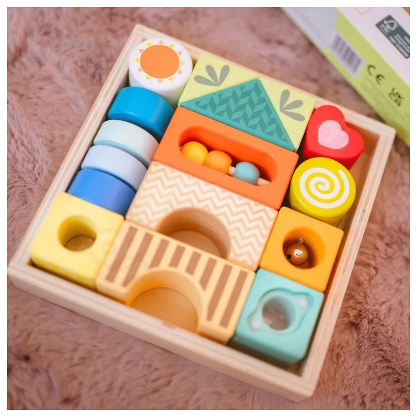 Classic world drewniane klocki sensoryczne 7 funkcji układanka multifunkcyjna kształty dźwięk montessori 14 el.