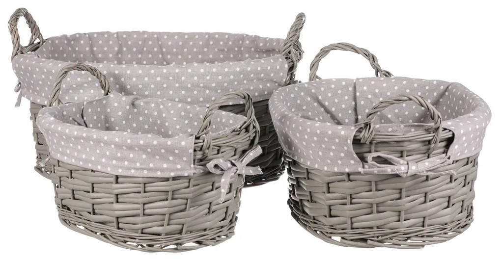 Zestaw koszy wiklinowych z tkaniną Szara kropka, 3 szt., 3 rozmiary, 39 x 22 x 31 cm