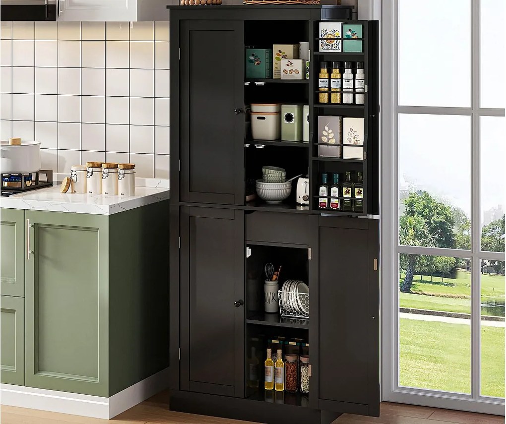 Kredens kuchenny 75x40x180cm - 2 drzwi szafkowe z półkami - 1 szuflada i przegródka do przechowywania - Czarny