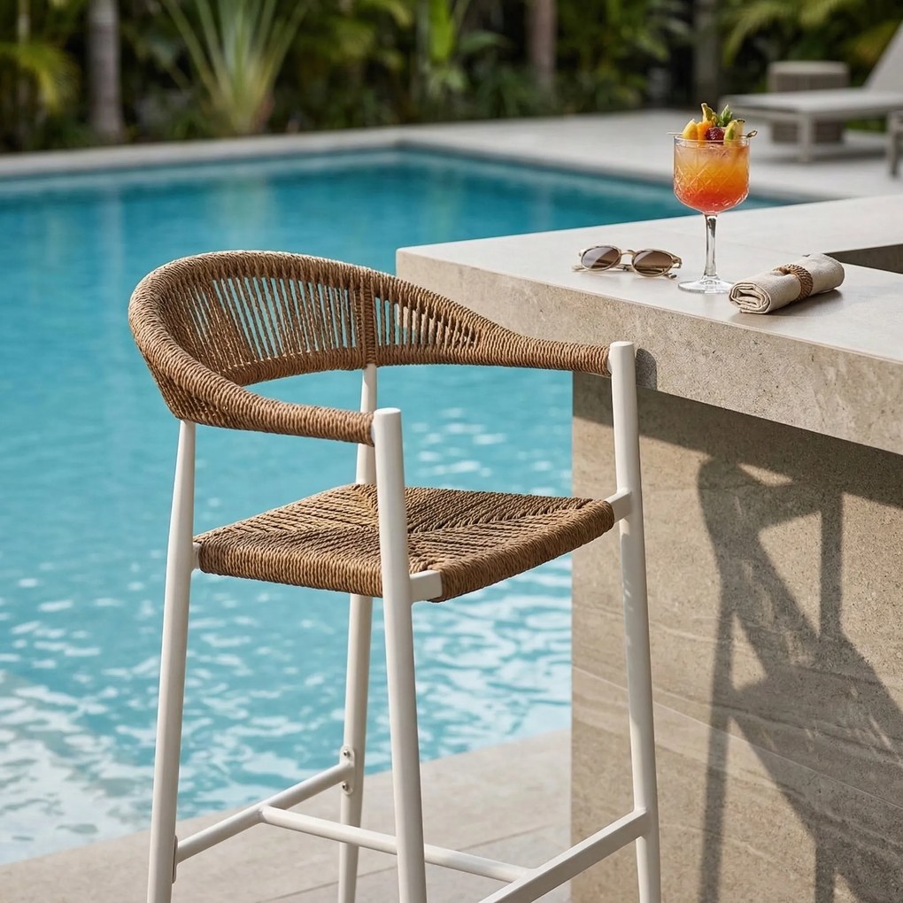 Hoker 75 cm Biały Aluminiowy Pleciony Sznurek Beżowy Krzesło Barowe Splot