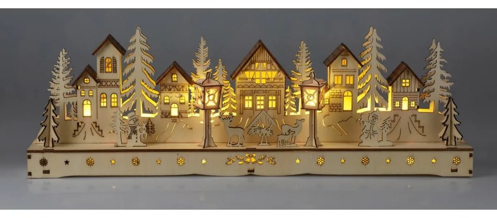 Świąteczna wioska świecąca, 15 diod LED, 45 x 5,8 x 15 cm, naturalny, drewno