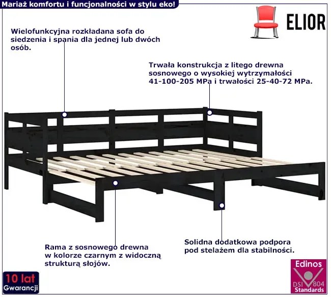 Czarne drewniane rozsuwane łóżko 2x(80x200) cm C2-W91