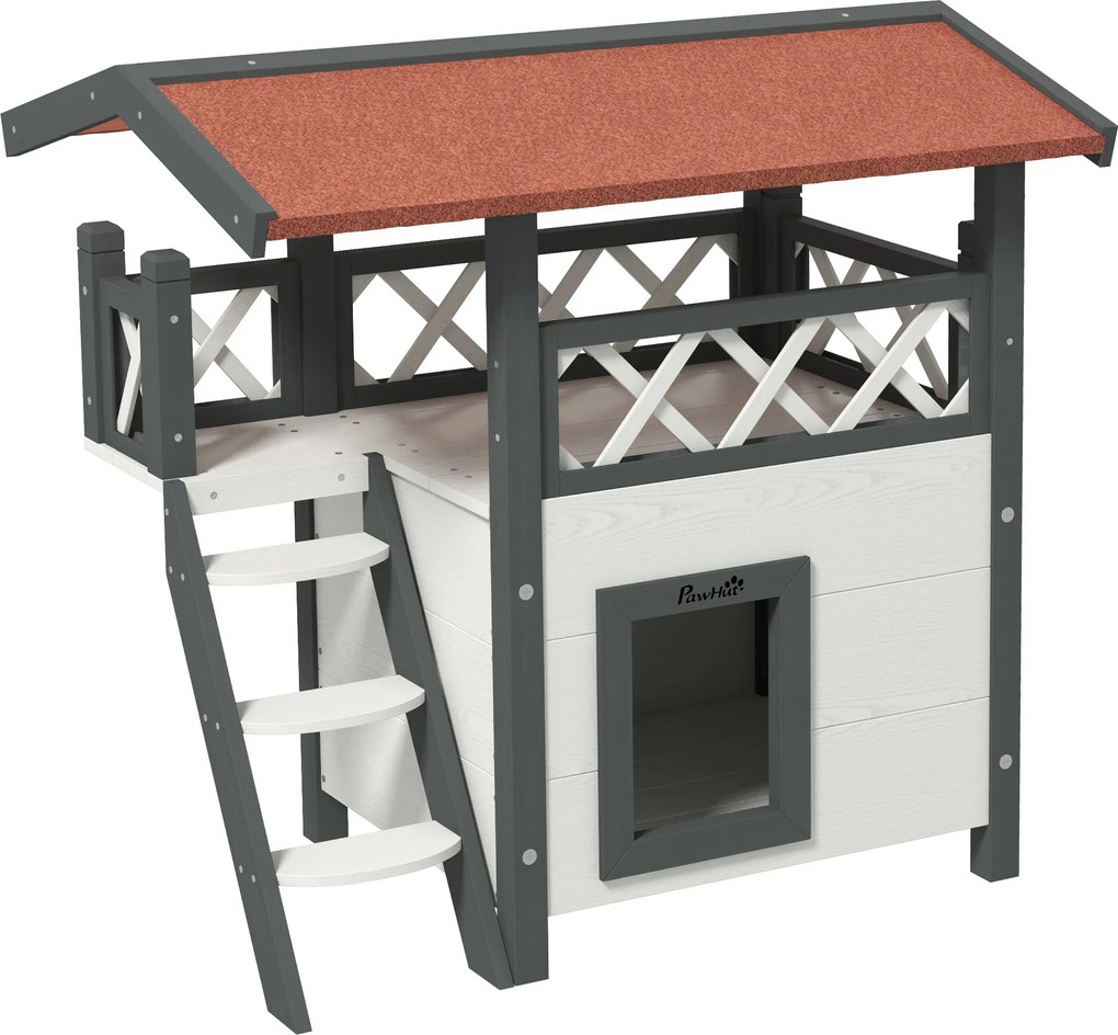 PawHut Domek dla kotów, Chatka dla zwierząt, Dach asfaltowy, 2 Poziomy, 1 Schodek, Biało-Czerwony