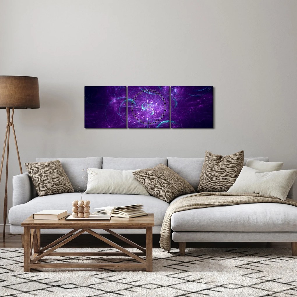 Obraz nowoczesnej niebieskiej abstrakcji (z zegarem) (90x30 cm)