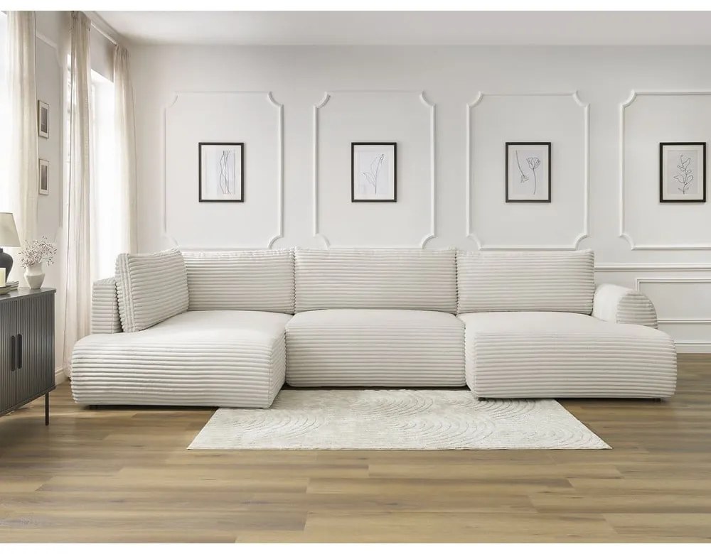 Kremowy sztruksowy rozkładany/ze schowkiem narożnik (lewostronny/w kształcie litery U) Lucien – Bobochic Paris