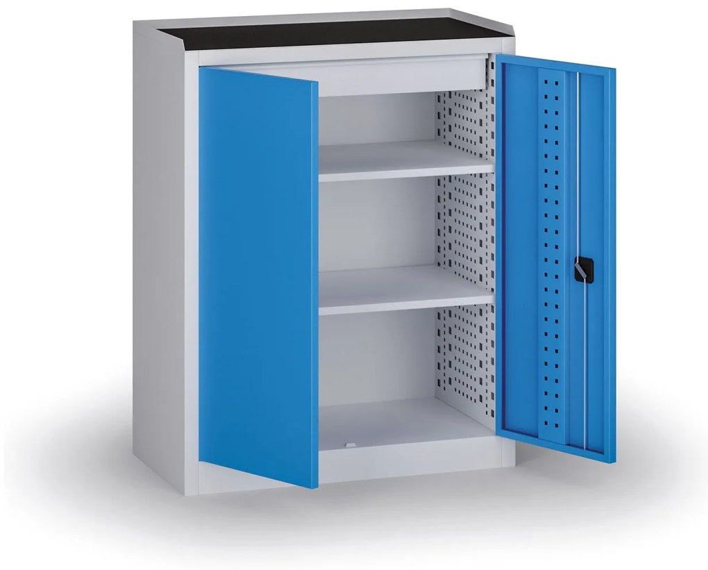 Szafa warsztatowa, 2 półki + 1 szuflada, 1180 × 950 × 500 mm, niebieskie drzwi