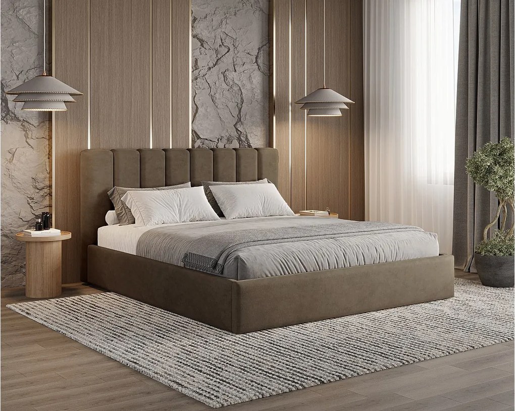 BESILIO Łóżko tapicerowane z pojemnikiem 140x200 Nuvia - Łóżko slim, miękkie wezgłowie, stelaż metalowy- Brązowy