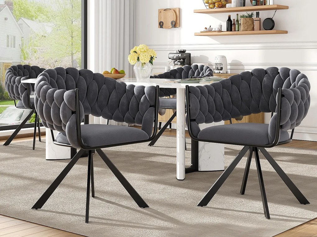 Zestaw 4 krzeseł welurowych - z podłokietnikami - regulowane metalowe nogi w kształcie pazurów - szare