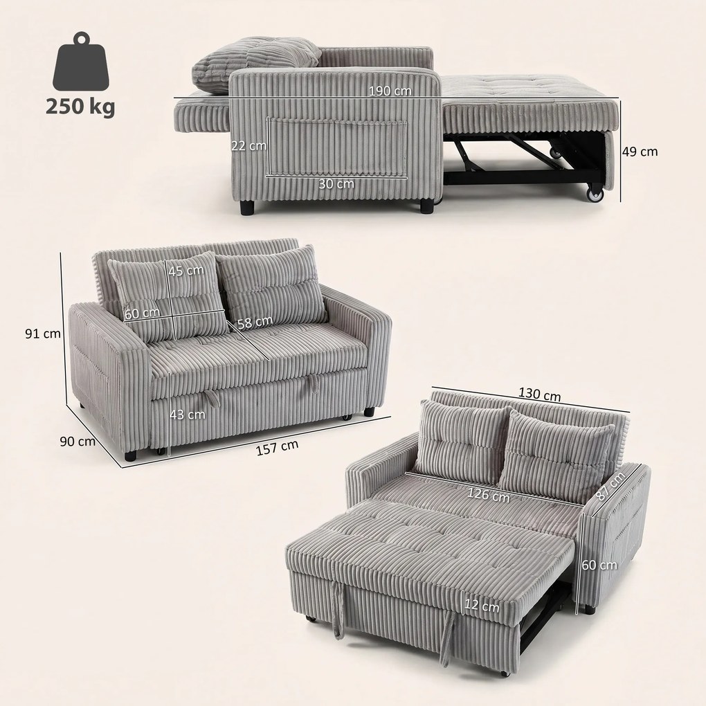HOMCOM 2-osobowe łóżko-sofa, pokrycie sztruksowe, przekształcalne w sofę rozkładaną, 2 poduszki, kieszenie boczne, 157 x 190 cm, Jasnoszary | Aosom PL