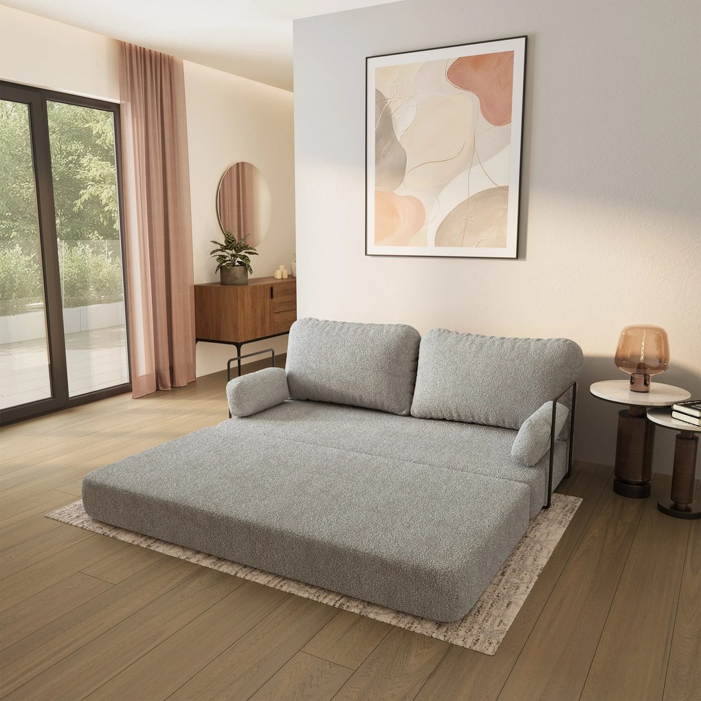 Masseno Sofa piankowa NIKSI z funkcją spania, Kanapa z pianki do salonu, Bezmontażowa, Tkanina bucle – Jasnoszary QUELLE 83