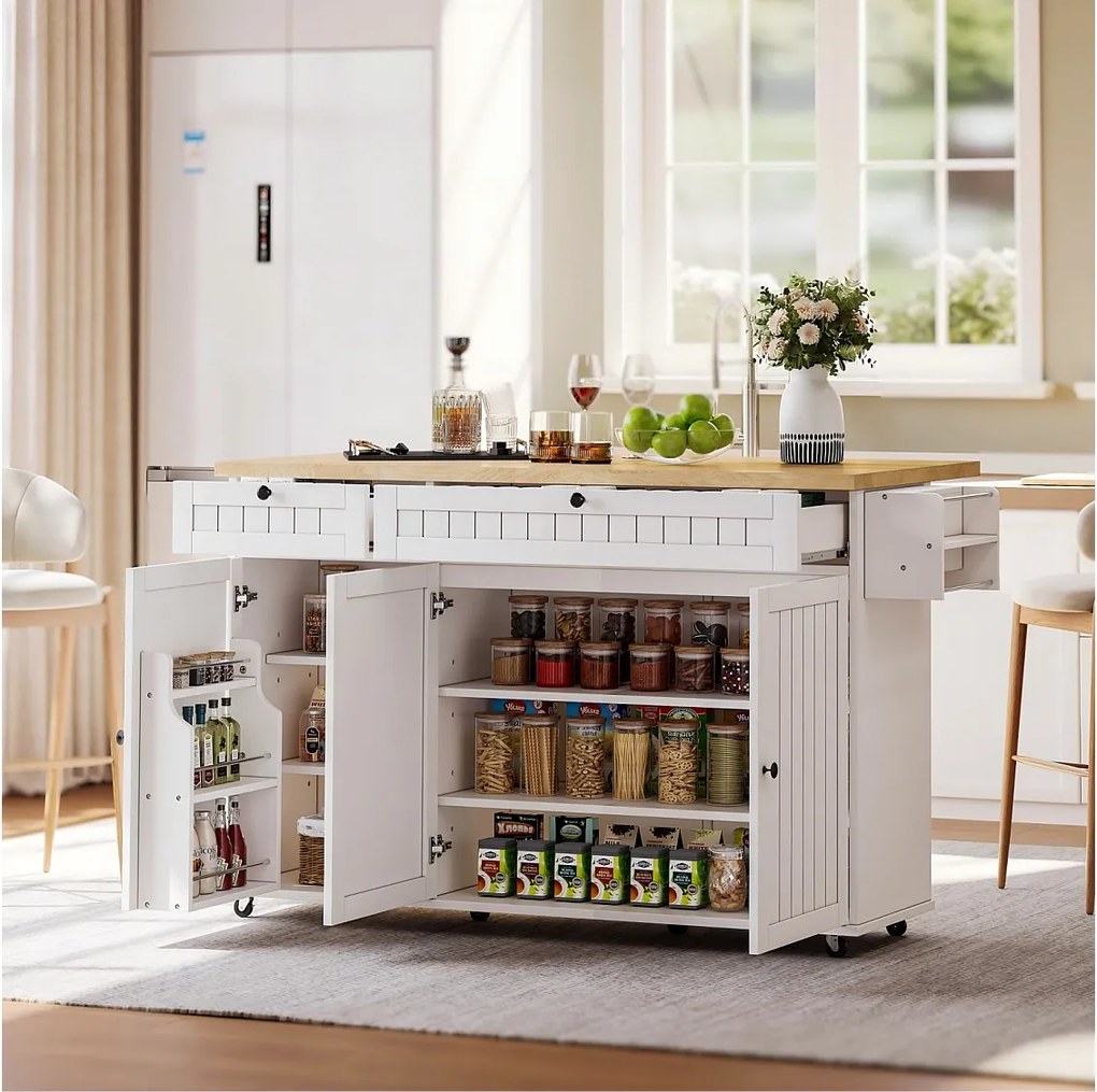 Wyspa kuchenna ze składanym blatem, 6 blokowanymi kółkami i 2 szufladami – biała