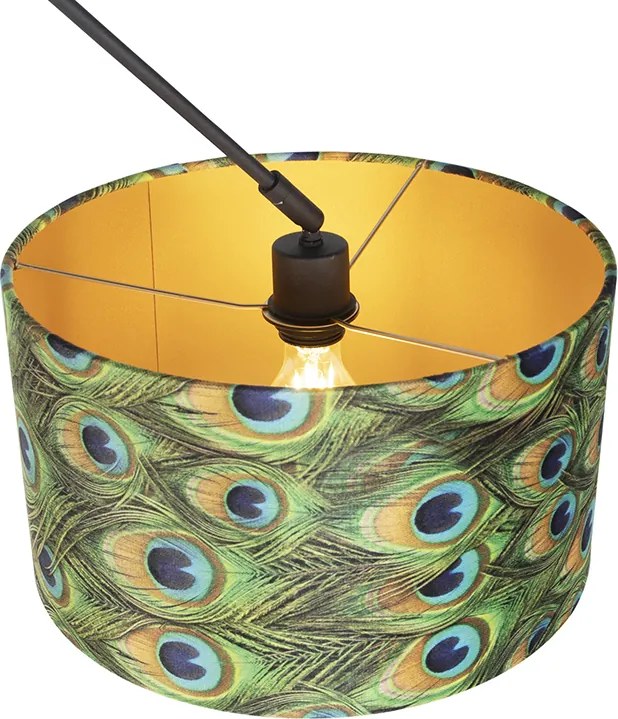 Lampa wisząca czarna z abażurem z aksamitu w kolorze pawia ze złotem 35 cm - Blitz