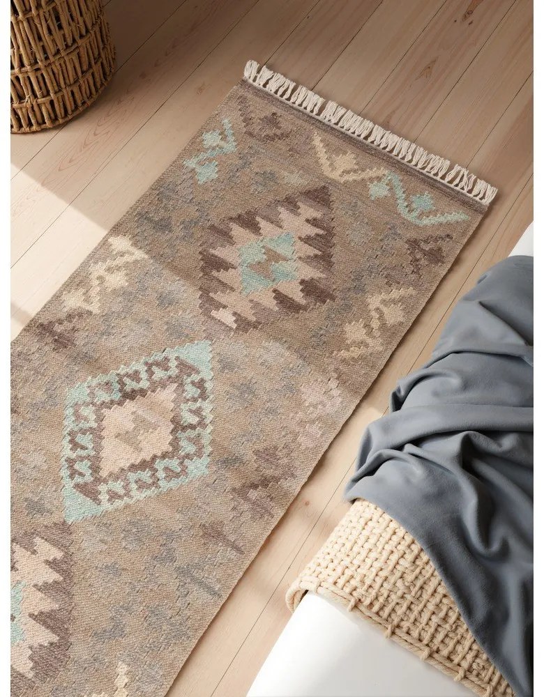 Jasnoniebiesko-beżowy wełniany chodnik dwustronny tkany ręcznie 60x190 cm Kamal Dune – Nouristan