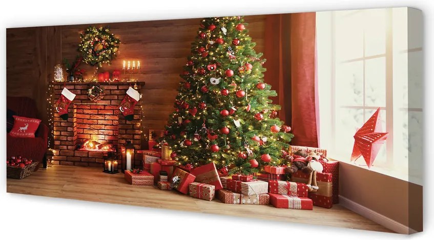 Zdjęcie na płótnie Kominek, Choinka, Prezenty i Lampki